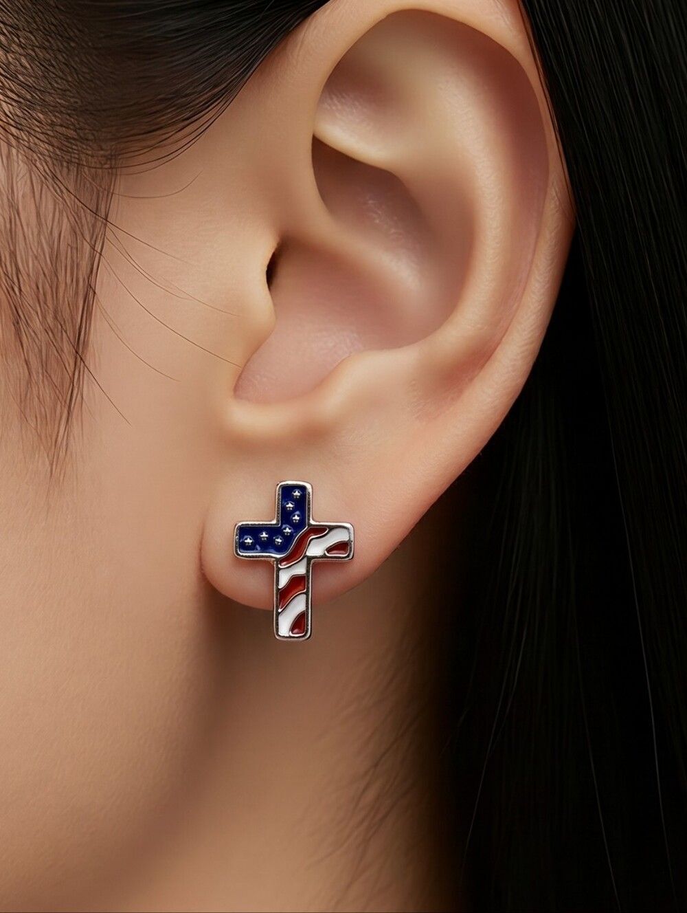 Cross Shaped American Flag Earrings Stud Post Pierced Patriotic Jewelry America